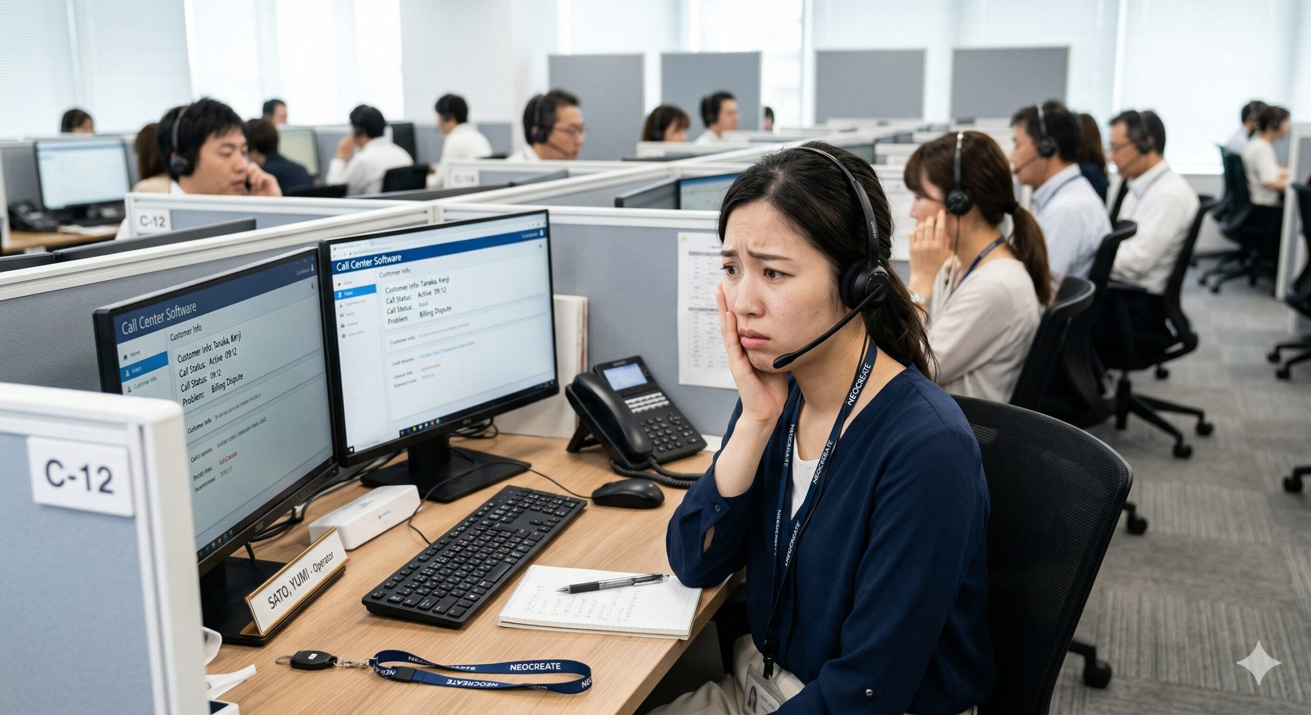 コールセンターのオペレーターがヘッドセットをつけながら対応しているビジネスシーン