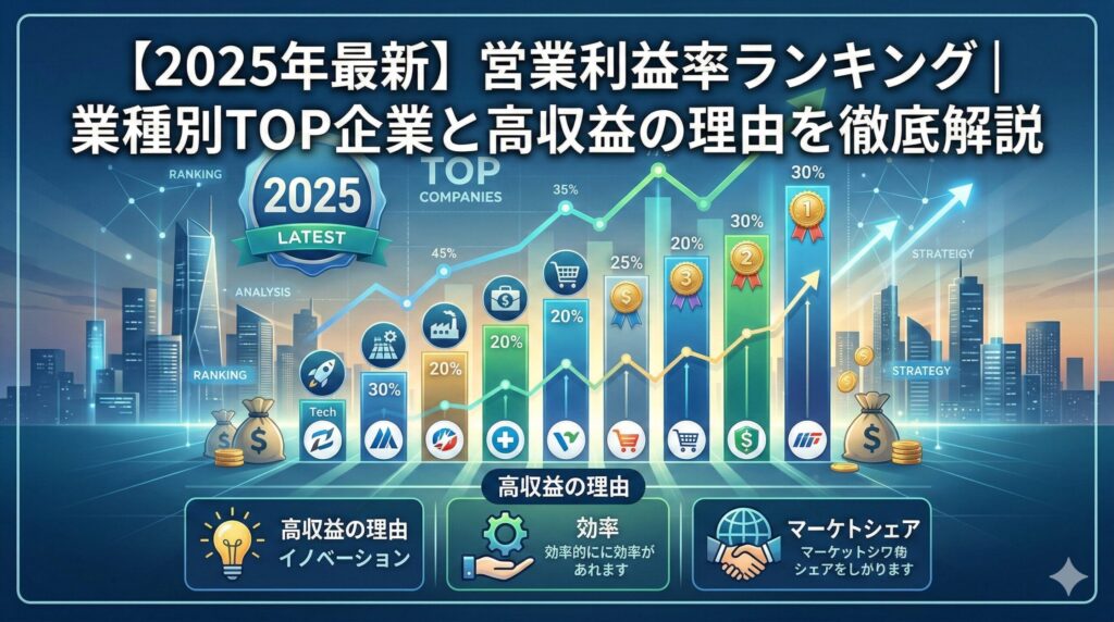 「【2025年最新】営業利益率ランキング｜業種別TOP企業と高収益の理由を徹底解説」の記事用アイキャッチ画像。右肩上がりのグラフや様々な業種のアイコンが配置され、企業の成長や高収益をイメージさせるデザインです。