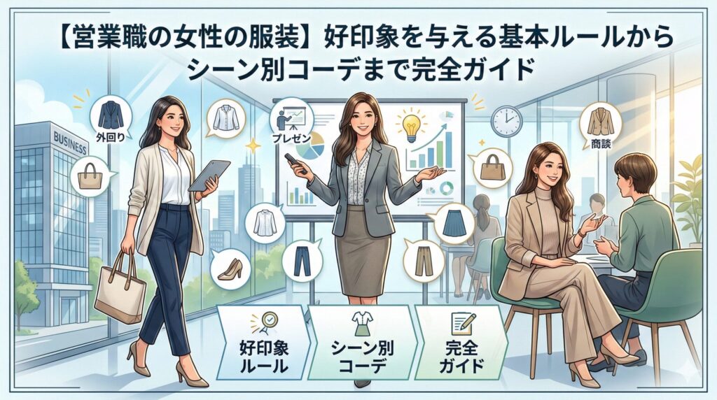 「【営業職の女性の服装】好印象を与える基本ルールからシーン別コーデまで完全ガイド」の記事用アイキャッチ画像。外回り、プレゼン、商談など様々なビジネスシーンで活躍する女性営業職のイラストと、服装選びのポイントを表すアイコンが描かれています。