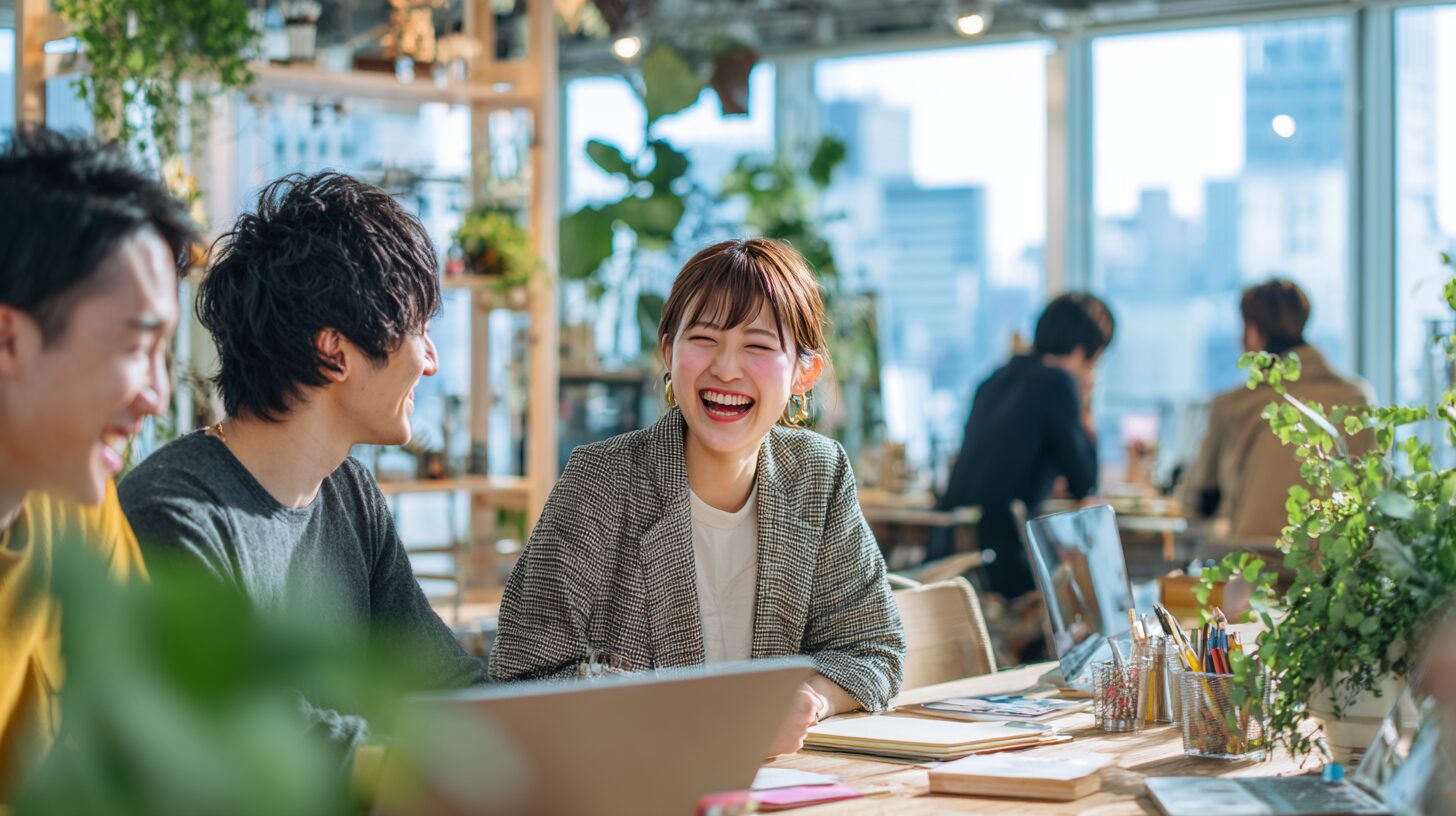 Z世代・若い世代のビジネスパーソンが笑顔で働いているオフィスのポジティブな職場環境の画像