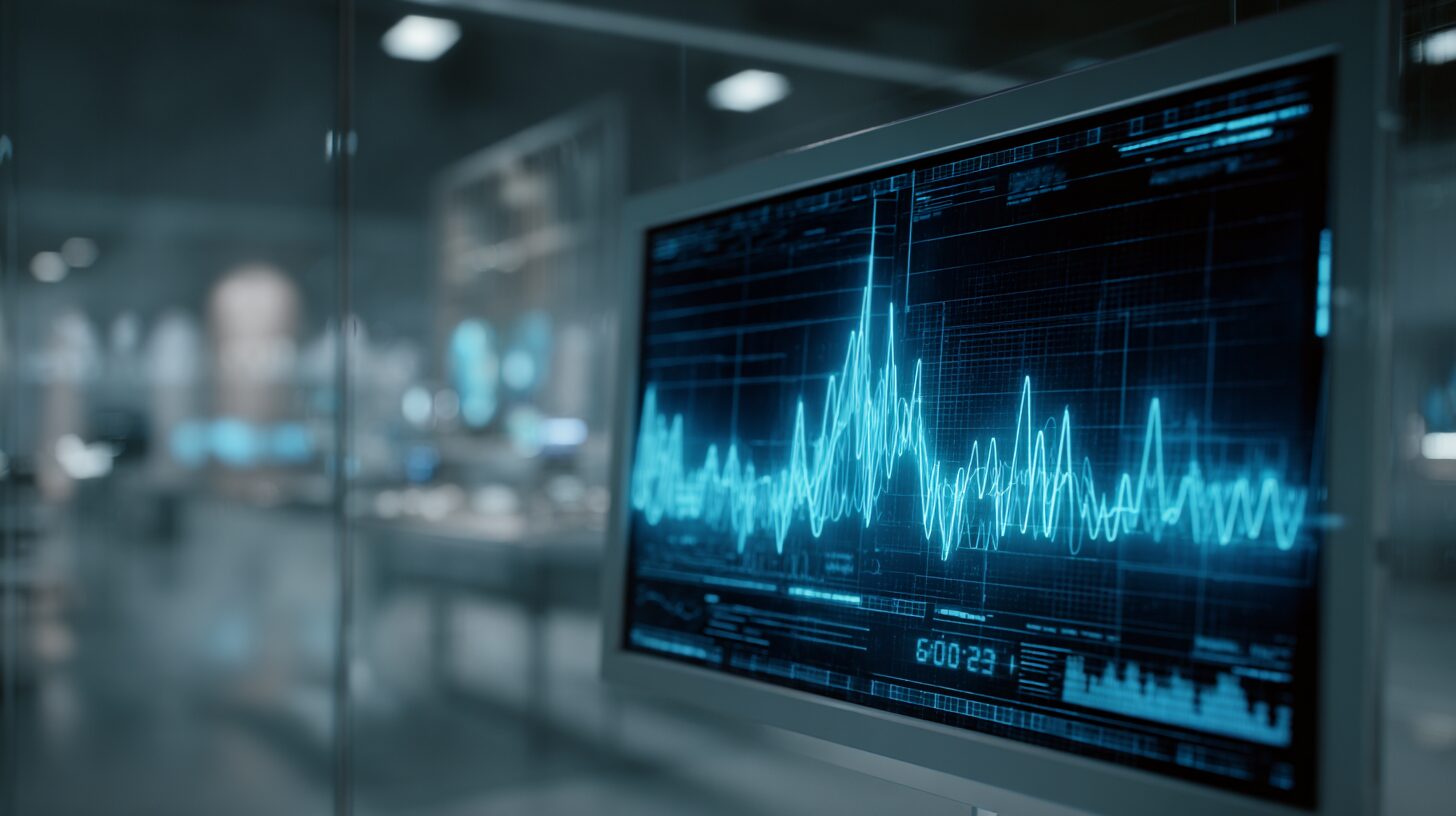 AIや音声波形・モニタリングシステムのイメージ画像（ブルー系のテクノロジーを表す画像）