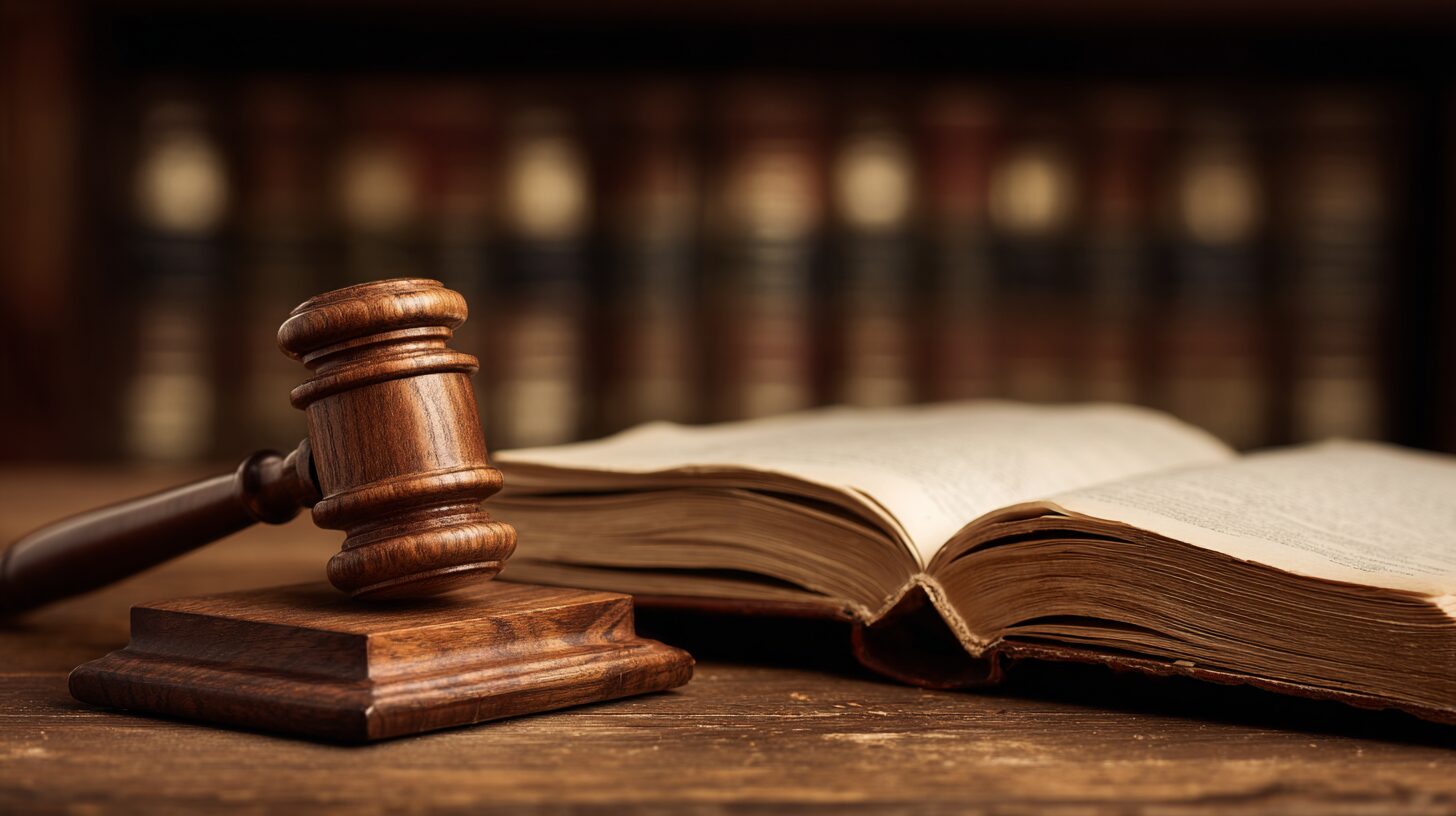 法律の本・ハンマー・法廷イメージなど企業の法的責任を表すビジネス画像