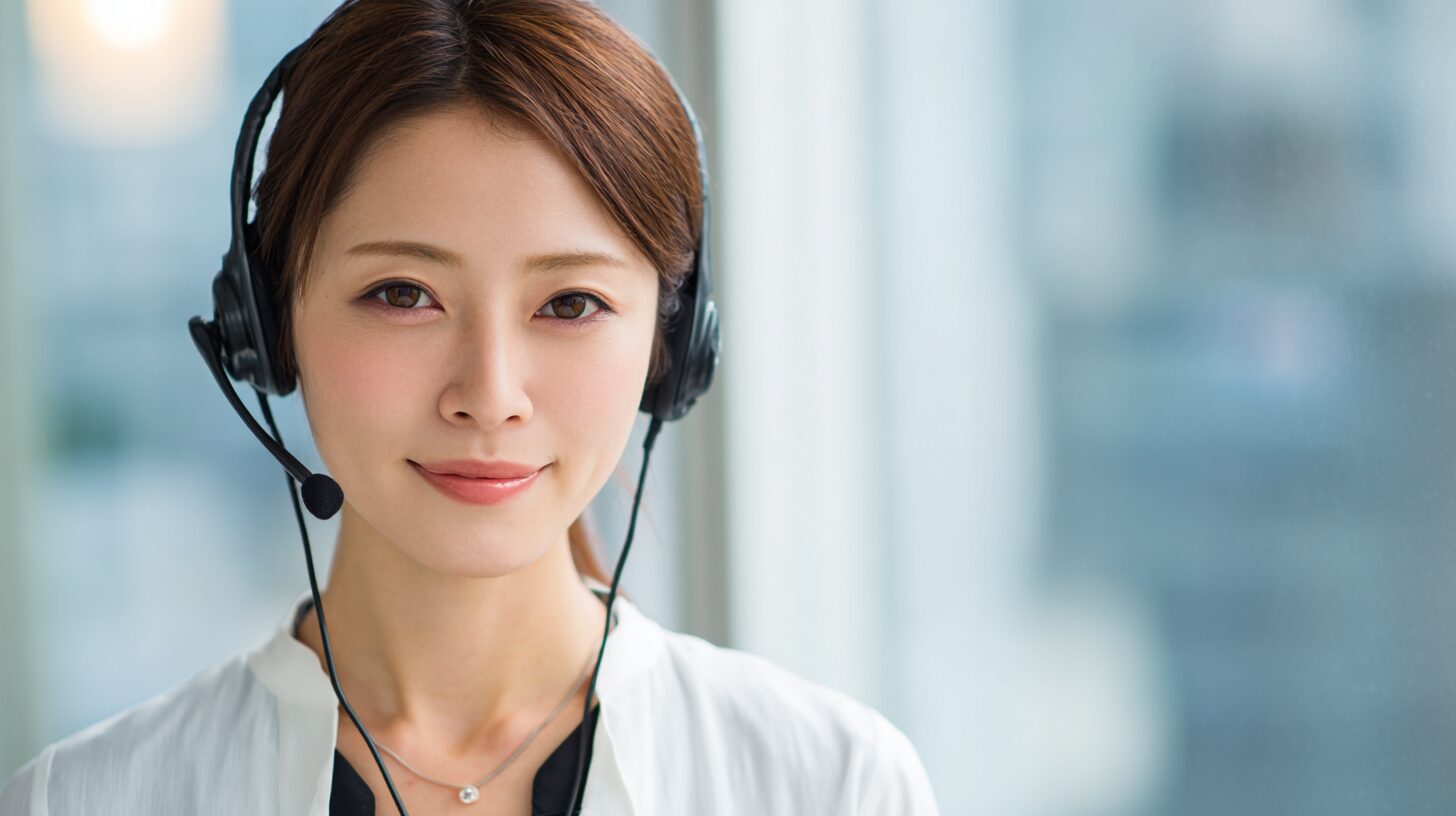コールセンターのオペレーターが毅然とした表情で電話対応をしているプロフェッショナルな画像