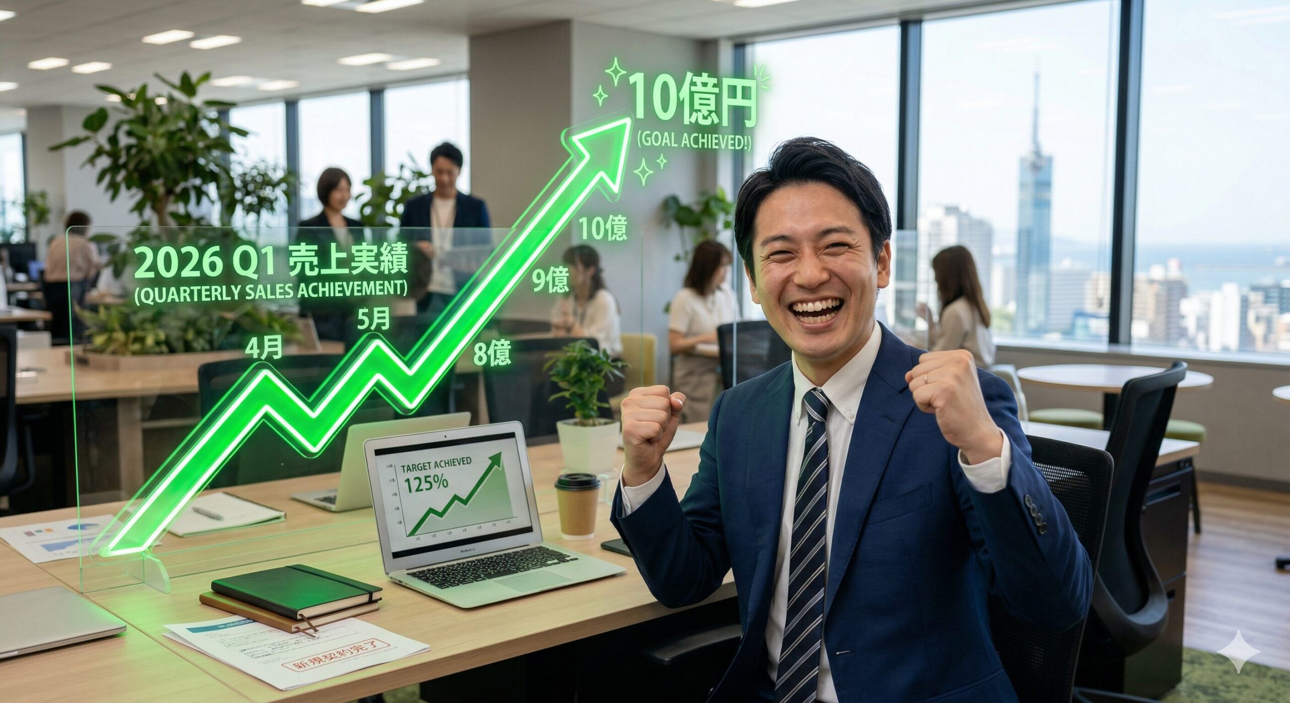 達成感で笑顔のビジネスマン、またはグラフが上昇する画像