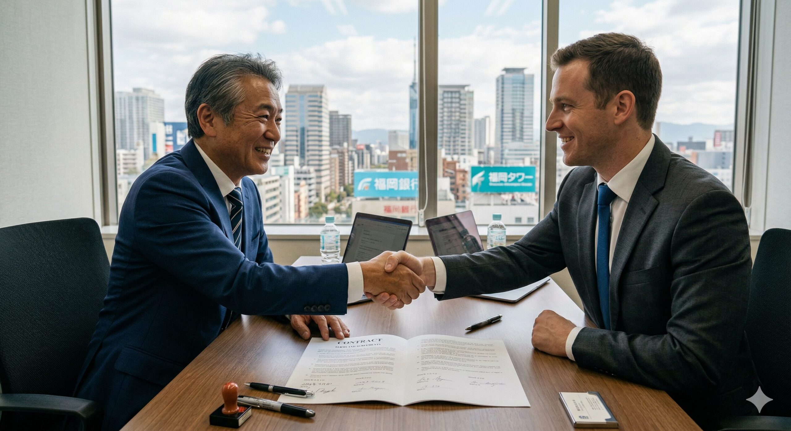 握手をして契約を結ぶビジネスマンの写真