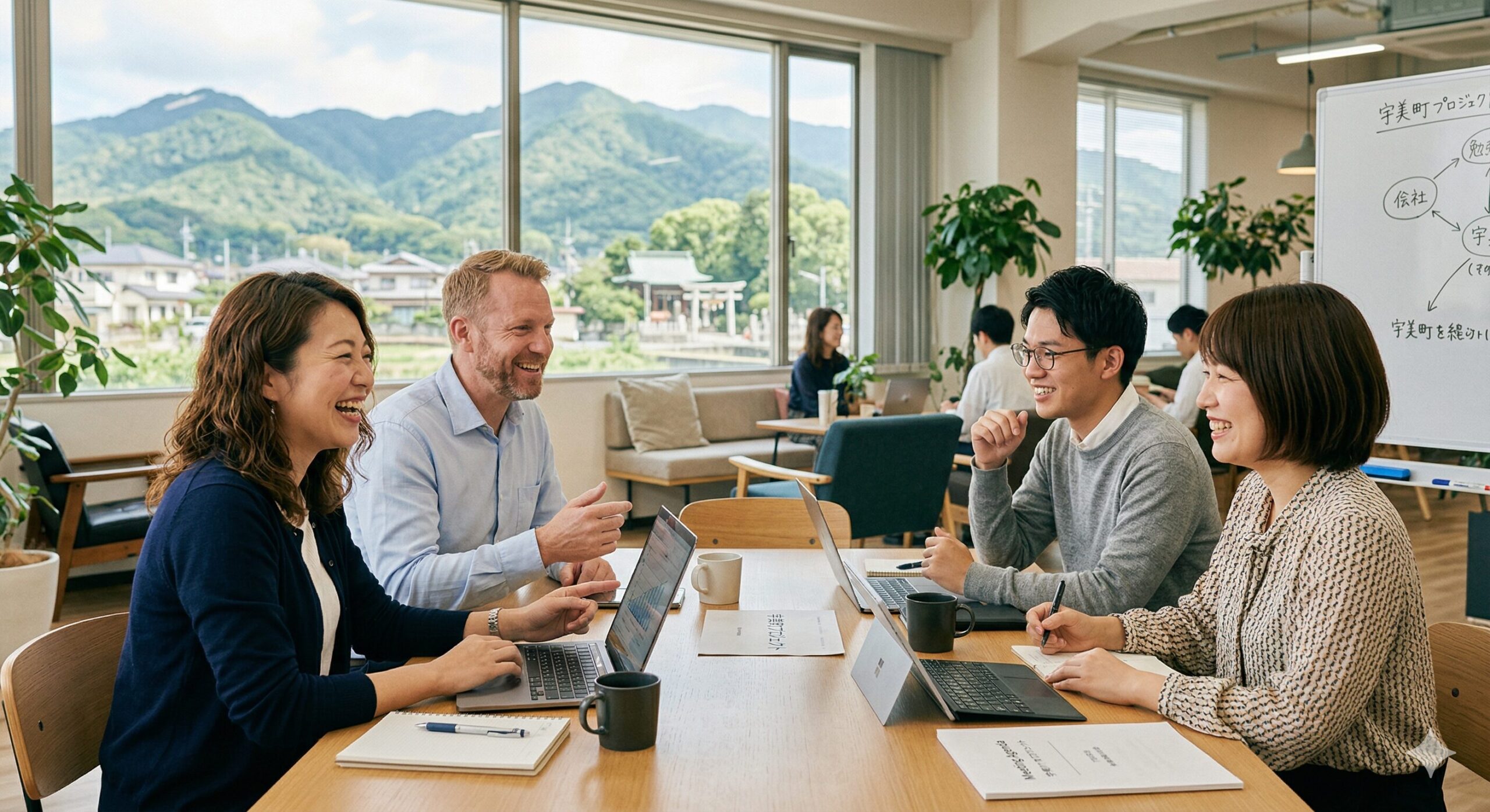 笑顔で打ち合わせをしているビジネスシーンの写真