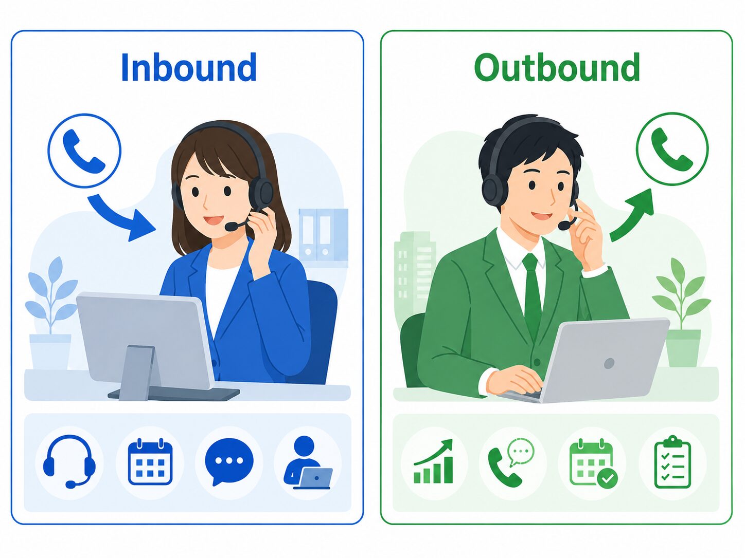 インバウンド型とアウトバウンド型コールセンターの違いを示す図解